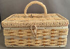 Vintage Japan Lined Woven Pink Rattan Sewing Box Basket