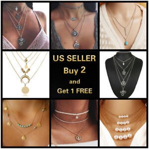 Boho Women Multi-layer Gold Silver Chain Pendant Crystal Choker Necklace Jewelry