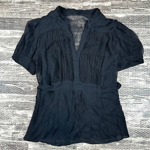 BCBG Max Azria Womens sz S Black Silk Crepe Blouse Button Front Short Sleeve Top