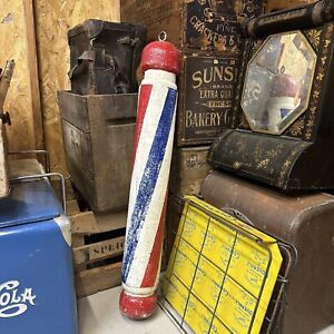 Original Vintage Wooden BARBER Pole Trade Sign Painted