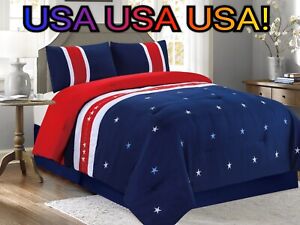 Embroidered RED White and Blue USA Comforter Set and Sheet Set! - 8 Pieces