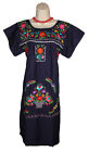 Navy Blue Boho Vintage Style Hand Embroidered Tunic Mexican Dress Hippie Puebla
