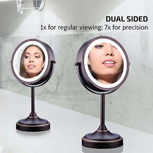 Lighted Tabletop Makeup Mirror, 1X & 7X Magnifier, Spinning Double Sided Round
