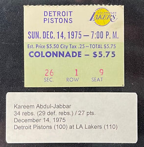 New ListingKareem Abdul-Jabbar 34 Rebounds Pistons Lakers 1975 Ticket Stub