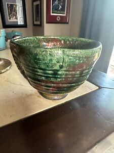 Vintage Raku Green Copper Pottery Pedestal Bowl Vase  Signed Numbered