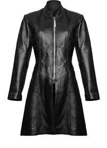 Womens Trench Style Winter Coat Genuine Leather Goth Matrix Steampunk Black Coat