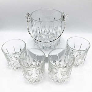 Vintage Italian Crystal Ice Bucket with Chrome Handle & Set of 4 Whiskey Glasses