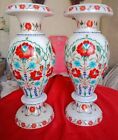 Floral Pattern Inlay Work Flower Vase White Marble Plant Stand Set of 2 Pieces