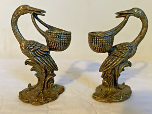 New Listing3178M Vtg Pair Of Brass Stork Figurines w/Baby Basket 4.5