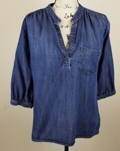 Elevenses Anthropologie Ladies Chambray Blue  Pullover Blouse/Shirt Size Small