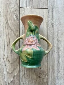 Roseville Art Pottery 1943 Pink And Green Water Lily 2 Handle Vase 73-6 Vintage