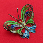 Vintage Brooch 800 Silver Butterfly Pin Filigree Plique a Jour Enamel Gold 506c