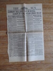 1914 AUGUST 2 Baltimore Sun Newspaper Germany Declares war on Russia WW1 BEGINS