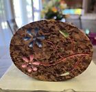 Vintage Hand Carved Oval Stone Jewelry Trinket Box With Flowers