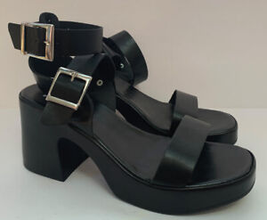 Size 8 ASOS Design Black Platform Leather Ankle Strap Chunky Heels Women's Shoes