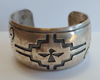 WIDE VINTAGE HOPI INDIAN SILVER OVERLAY RAINCLOUDS AND THUNDERBIRD CUFF BRACELET