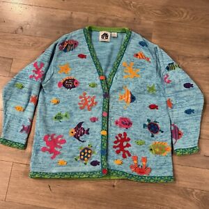 Storybook Knits Women's 1X Blue Sea Ocean Beach Fish Theme Cardigan Sweater