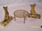 Vintage brass collectibles--hearth dogs 2(L&R)  --kettle stand 3 legs
