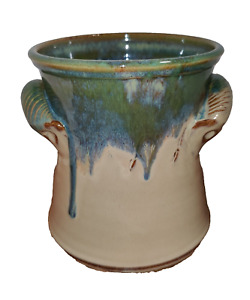 Kings Pottery Seagrove Utensil Crock Drip Glaze Blue Green Tan Handles Marked NC