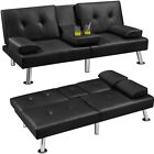 Faux Leather Convertible Futon Sofa Bed with Throw Pillows & Drop-down Cup Used