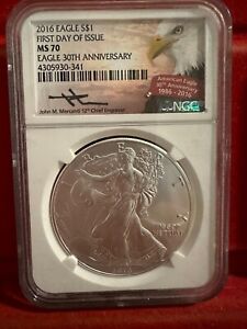 New Listing2016 SILVER EAGLE FIRST DAY OF ISSUE 30TH ANNIVERSARY NGC MS70 JOHN MERCANTI