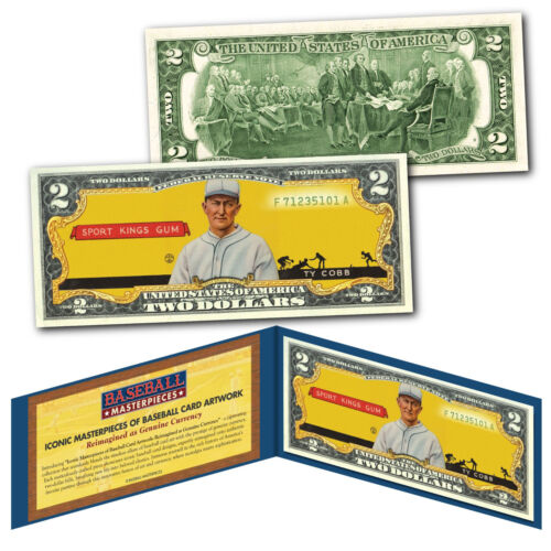 New ListingTY COBB 1933 Sport Kings #1 Detroit Tigers iconic Card Art Genuine U.S. $2 Bill