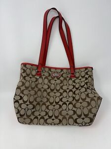 COACH Tote Purse Shoulder Handbag Orange Red Trim, Signature Pattern