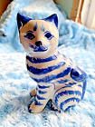 Porcelain CAT FIGURINE Sitting Hand Painted White Blue Stripes 4.75
