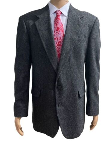Haggar Men's Blazer Jacket 44L Charcoal Gray Wool Herringbone Made in USA