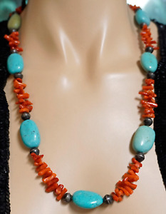 Vintage Turquoise Ovals And Branch Coral Necklace Silver Accent Beads 24