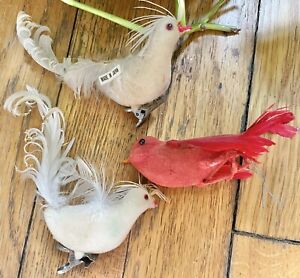 LOT Of Vintage Clip On & Wire Flocked Bird Christmas Ornaments  Japan Red White