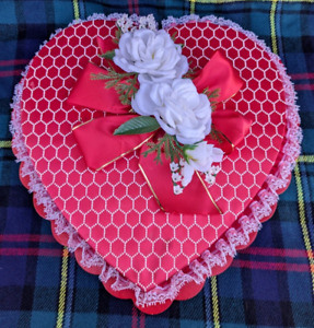 Vintage Large See's Valentine Heart Shaped Chocolate Box w/Lace Border & Flowers