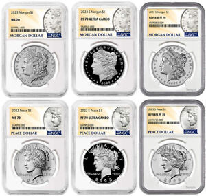 6 Coin Set - 2023 Morgan & Peace Silver Dollars $1 NGC (MS PF RP 70)
