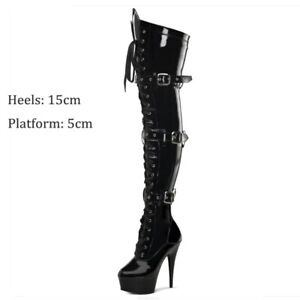 Women Patent Leather 15CM Stiletto High Heel Zip Up Over The Knee Stripper Boots