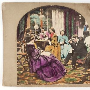 Chess Game Brewster Stereoscope Stereoview c1855 Tinted Family Parlor Card A2431