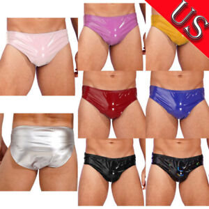 US Mens Latex Lingerie Underwear Patent Leather Underpants Low Waist Sexy Briefs