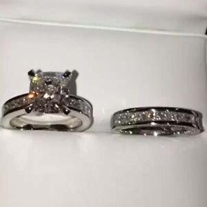 7 Ct DEW Cushion Cut Moissanite 14k White Gold Plated Engagement Bridal Ring Set