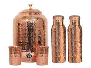 Handmade Pure Copper Hammered Pure Copper Water Dispenser Pot 4Ltr Tank 2 Bottle
