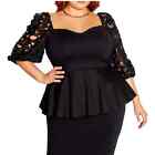 City Chic Noelle Peplum Blouse with Floral Lace Sleeve in Black Sz 20/Large