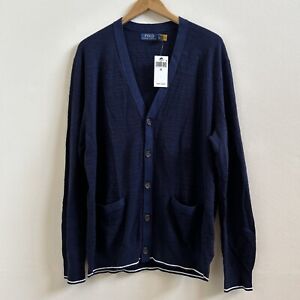 Polo Ralph Lauren Men’s Textured Cotton Linen V Neck Cardigan Blue XL