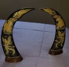 Vintage Chineese Water Buffalo Horn pair with Carved Dragons And Birds Wood Base