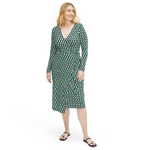 Women's Long Sleeve Midi Arrow Geo Green Wrap Dress - DVF L