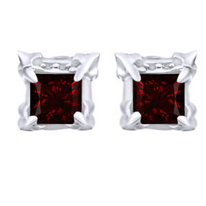Simulated Ruby Men's Solitaire Stud Earrings 14K White Gold Plated Sterling