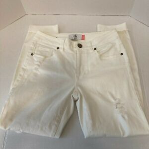 CABI Women's Size 2 White High Slim Distressed Jeans  Cuffed Hem Ankle Cropped