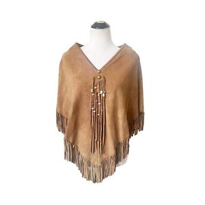 Suede Leather Handmade Pancho Fringed Size XS/S Colorful Beads Western Ethnic