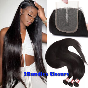 Unprocessed 3Bundles with 4*4 T Lace Closure Indian Virgin Human Hair Weave Weft