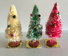 Vintage MCM Decorated Flocked Bottle Brush Christmas Trees  X3 Cream Pink Green