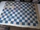 Antique Quilt Top Small Granny Squares Blue & Ivory Pink Patchwork