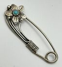 Vintage Sterling Silver Floral Safety Pin Brooch With Turquoise