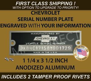 SERIAL NUMBER CHEVY CHEVROLET ID PLATE DOOR TAG DATA (CUSTOM ENGRAVED) YOUR INFO (For: 1961 Impala)